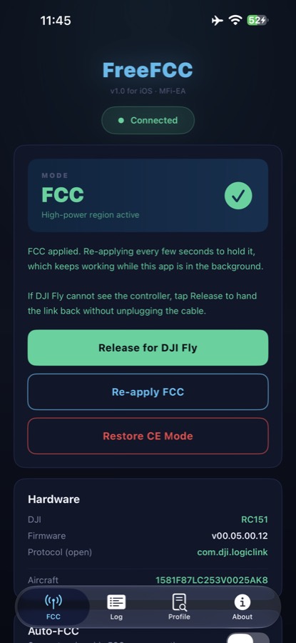 FreeFCC running on an iPhone: FCC mode active, high-power region, with Release for DJI Fly, Re-apply FCC and Restore CE Mode buttons