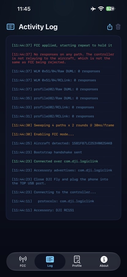 FreeFCC activity log: connection over com.dji.logiclink, aircraft detected with its serial, sweep of four paths and response counts