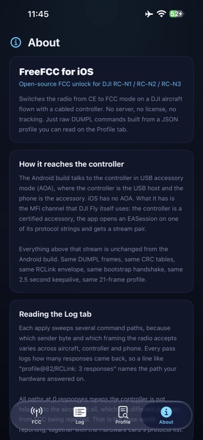 FreeFCC about screen with the disclaimer, the licence and the link to the GitHub repository
