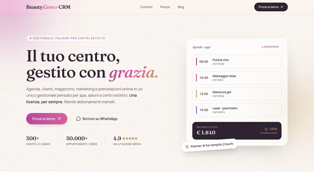 BeautyCenterCRM — CRM verticale con agenda operatrici, schede cliente e incasso giornaliero
