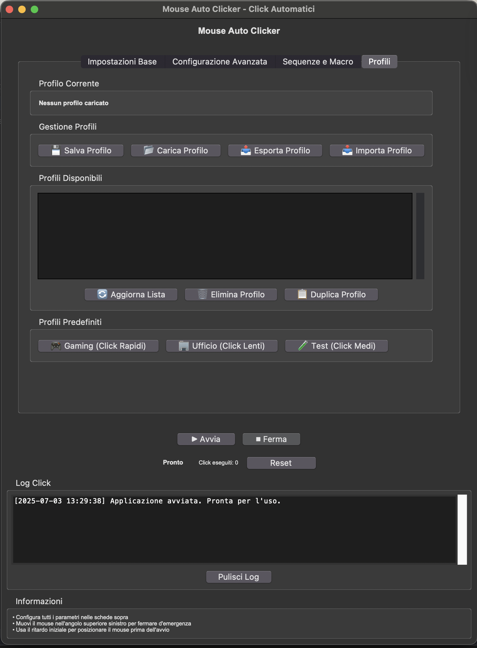 Bot Mouse Auto Clicker Python - Interfaccia software bot automazione click con configurazione intervalli e failsafe