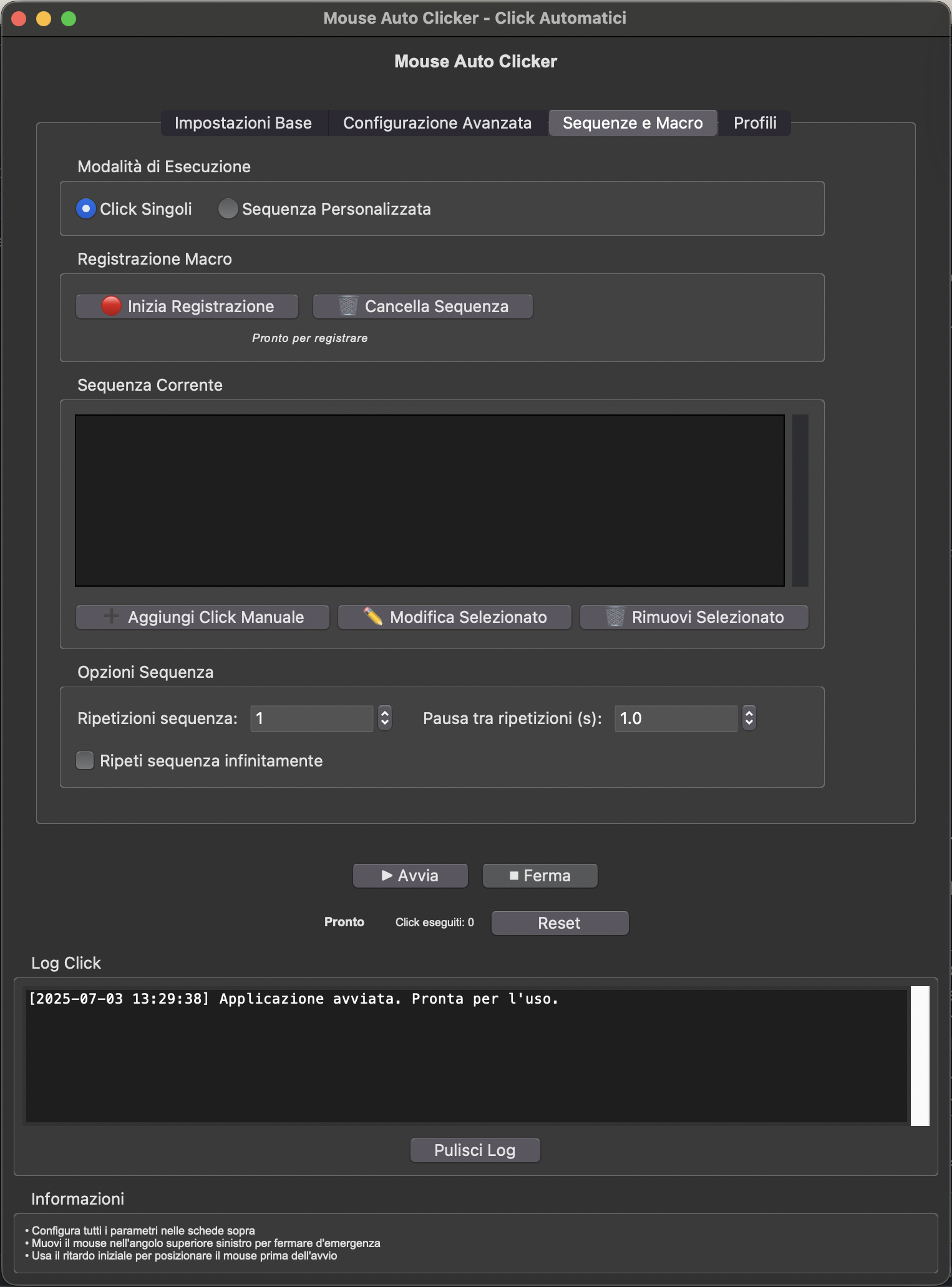 Bot Auto Clicker Python - Pannello controllo avanzato con coordinate e log real-time