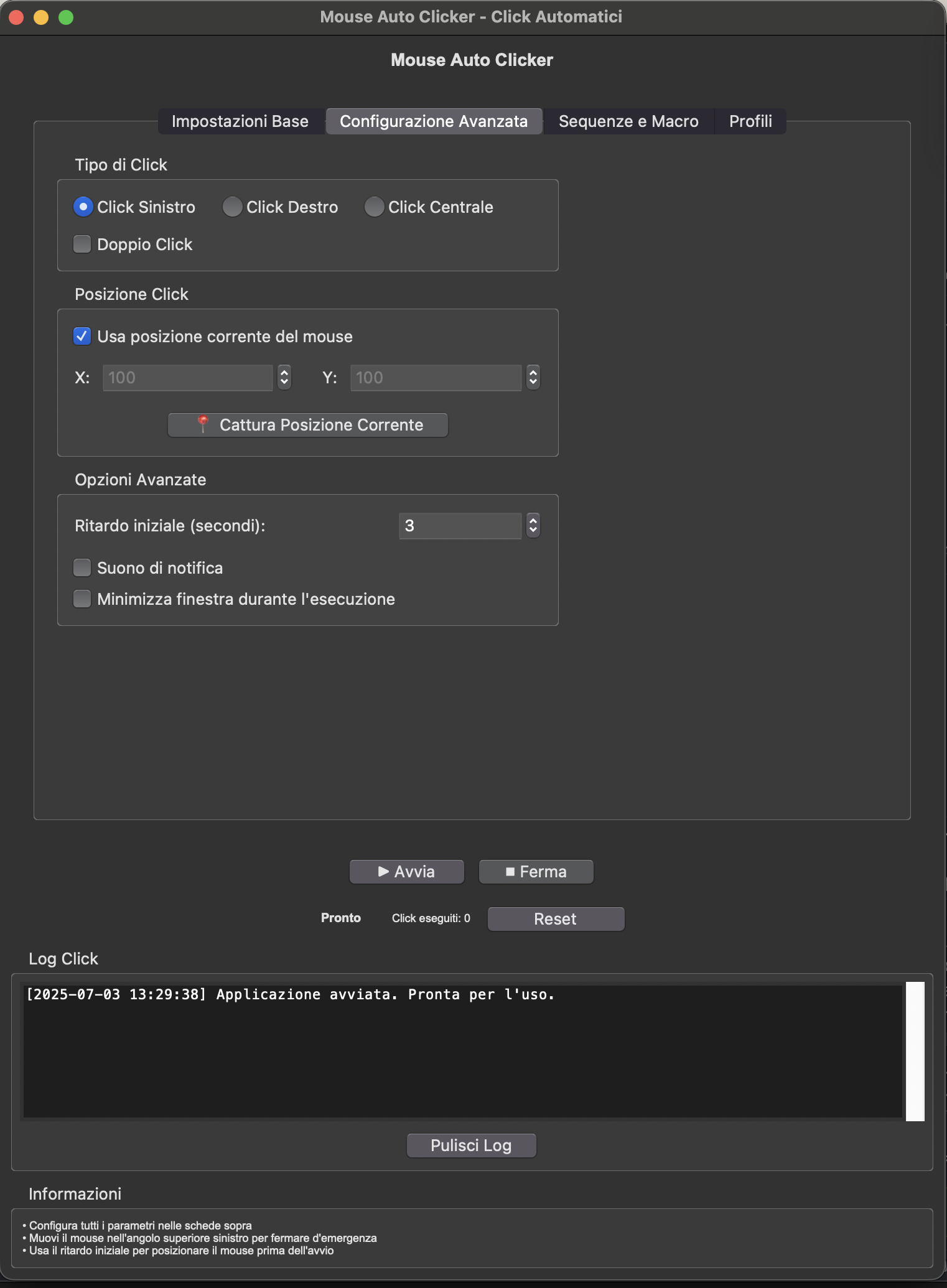 Software Bot Automazione Mouse - Log dettagliato click e statistiche performance